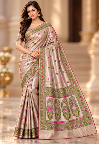Front view of taupe Baluchari silk saree with pink and olive-toned circular motifs
