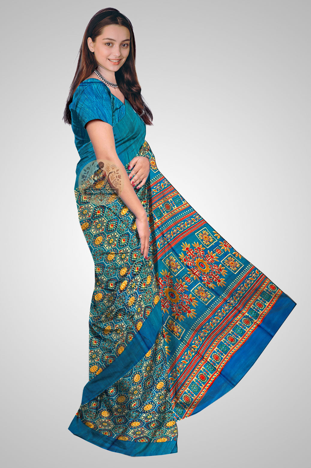 Explore Indian Tussar Saree – Elegant side view of textured drape