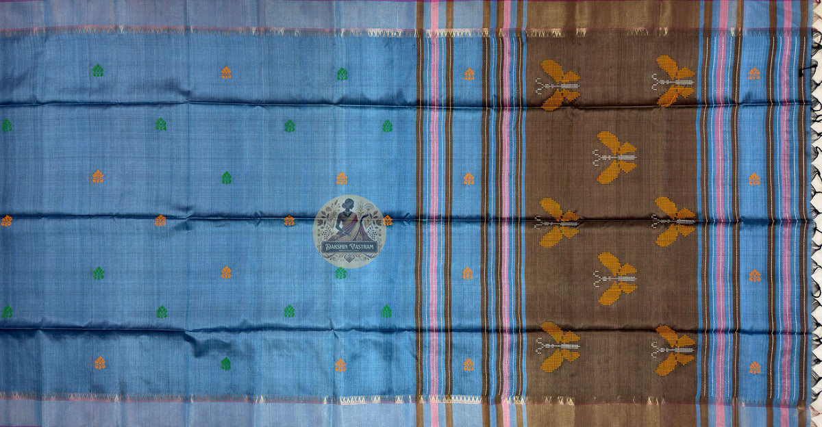 Close-up of handloom Bishnupur Katan silk saree showing precisely woven border motifs and fine butis (small woven motifs) on naturally lustrous Katan silk ground, the weave speaking without embellishment