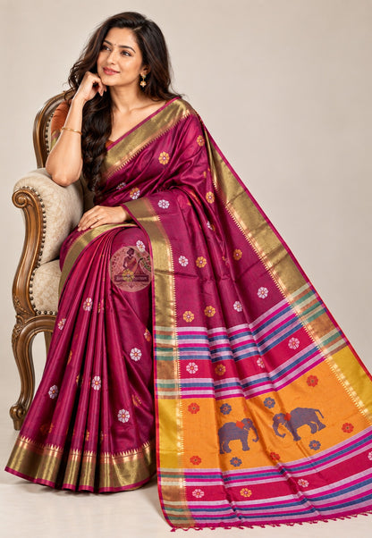 Front view of Bishnupur Katan silk festival saree showing smooth structured pure silk body with heritage Bengal motifs for Durga Puja Ashtami and Diwali occasions