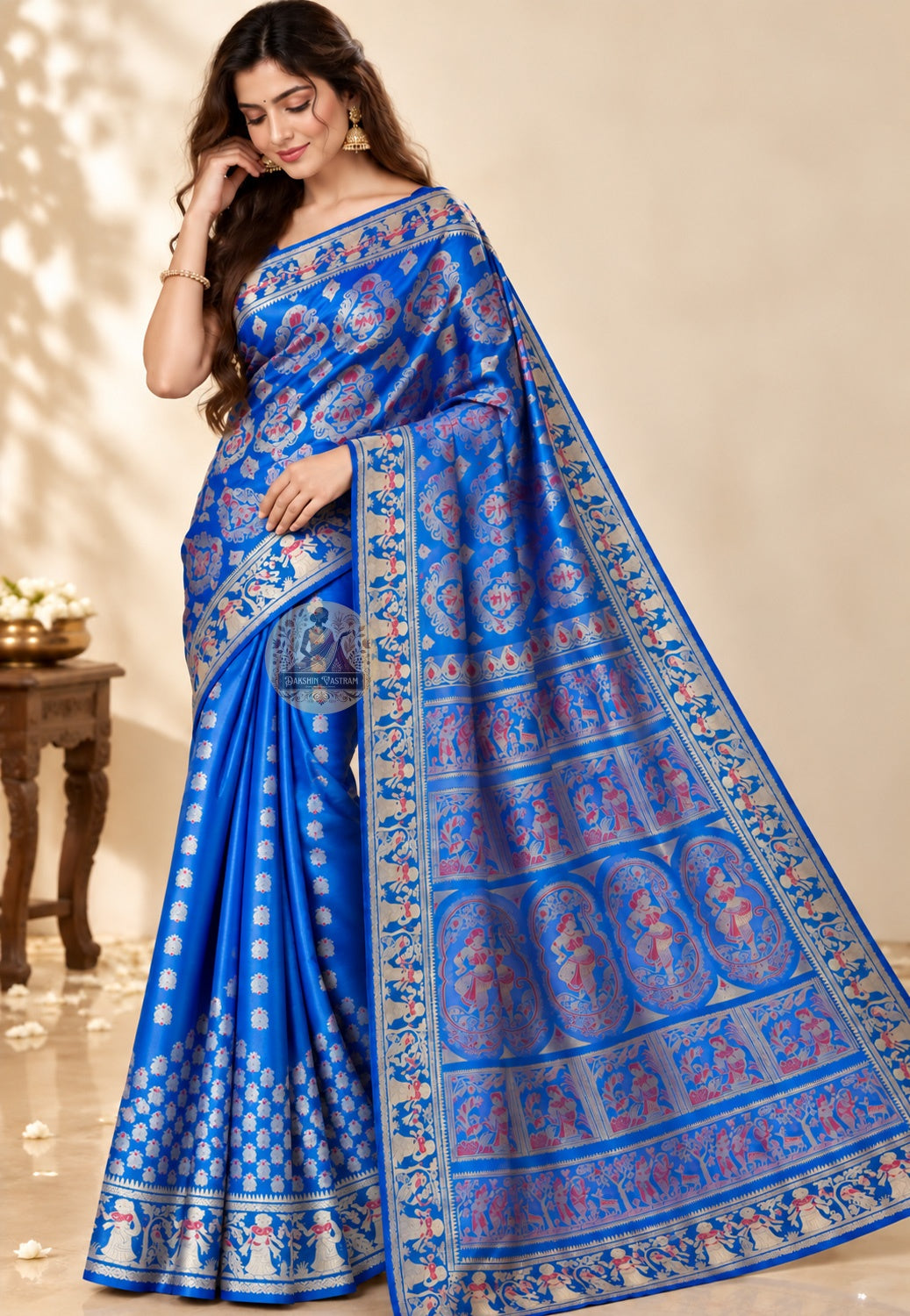Front view of blue Swarnachari pure silk saree with golden zari mythology and Bishnupur temple art motifs handloom woven in West Bengal luminous in natural daylight for Indian weddings