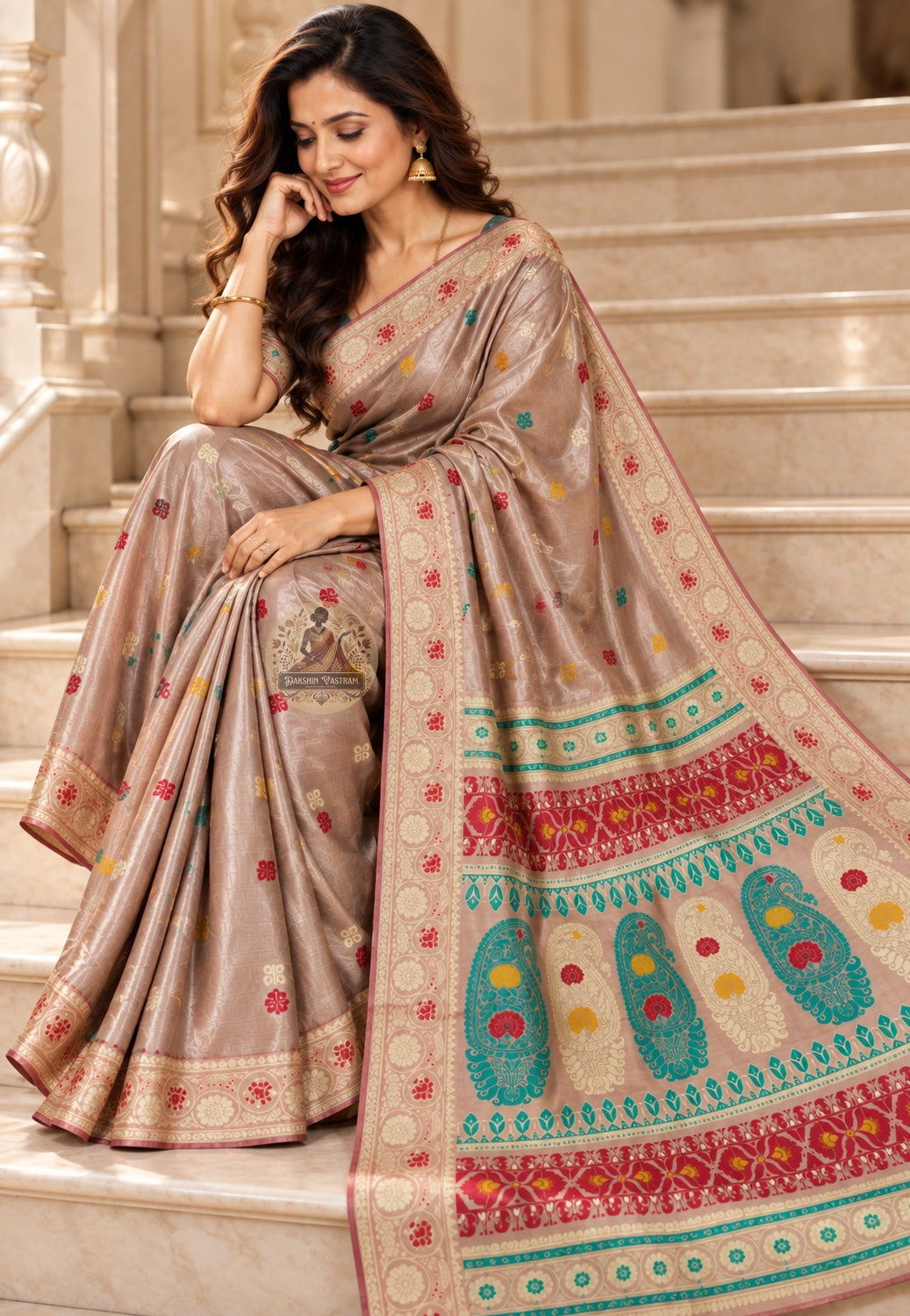 Close up of beige Baluchari silk saree pallu with turquoise paisley shapes and red patterned bands