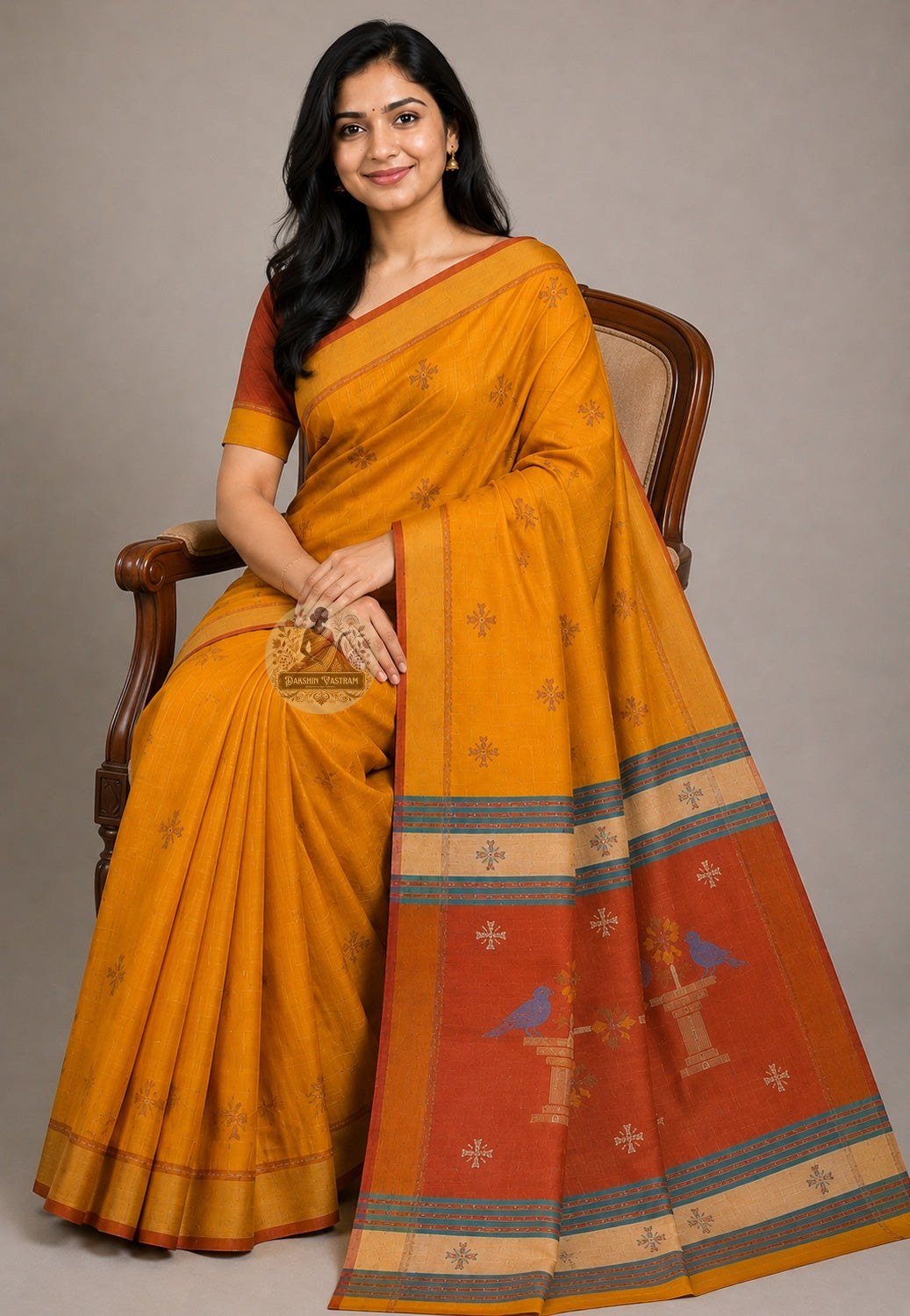 Front view of woman wearing Bishnupur Katan Silk Saree with antique gold jewellery, Durga Puja collector occasion