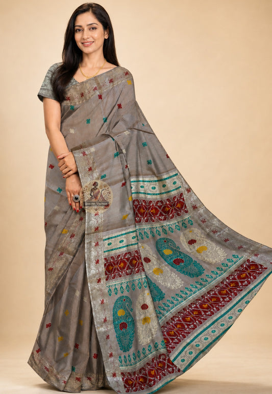 Front view of Baluchari Pure Silk Saree draped on model, showcasing the handwoven narrative silk body with traditional Baluchari buti motifs and the naturally weighted luminous drape of premium Bengal silk — a saree made to be passed down