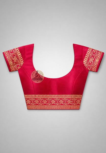 Close-up of blouse piece of Bishnupur Silk Block Print Saree featuring hand-stamped wooden block print border detailing on fine pure Bishnupur silk by Dakshin Vastram, each pattern slightly unique
