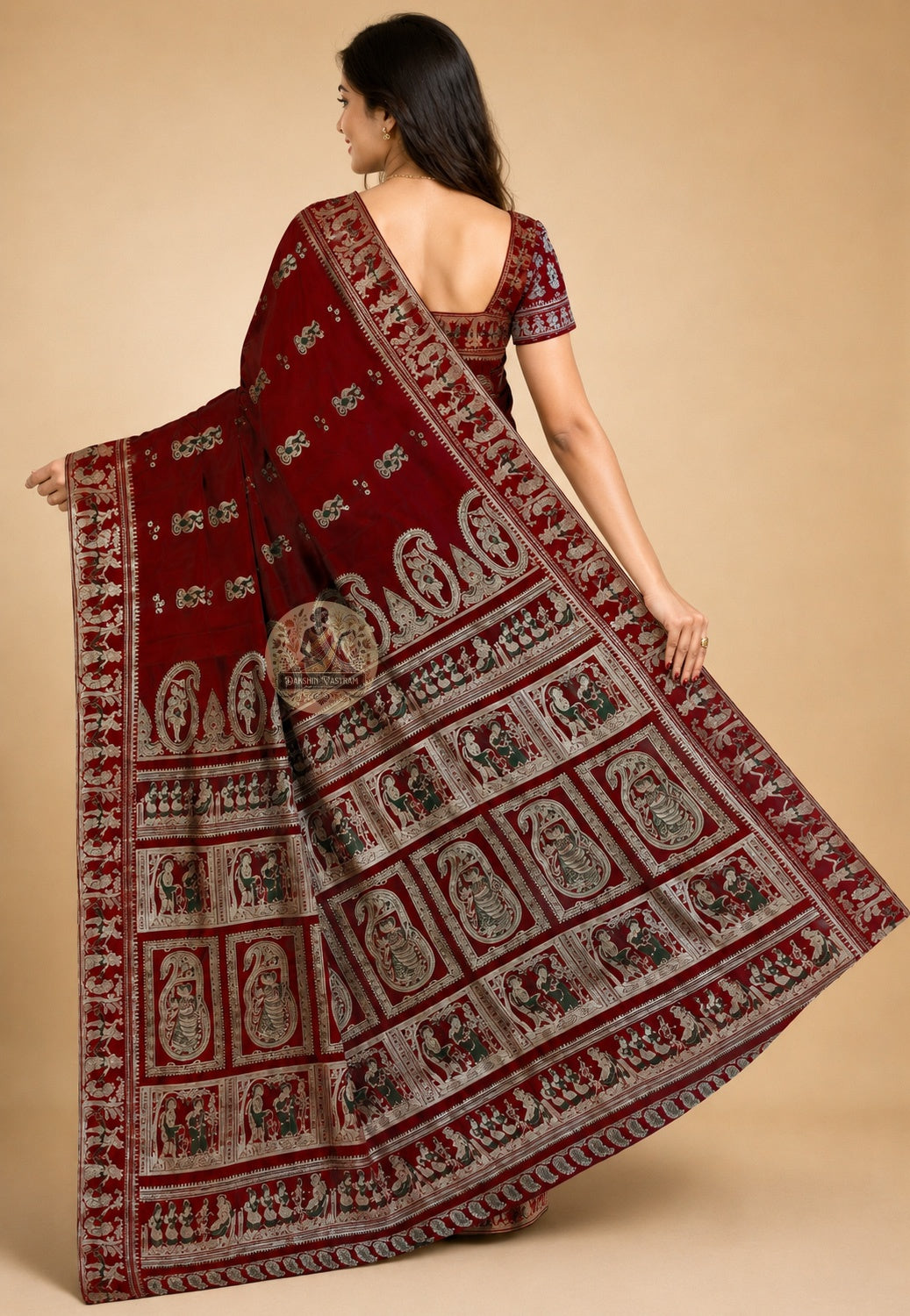 Rear view of handwoven Baluchari Silk Saree revealing intricate pallu with Mahabharata and Ramayana figures woven in pure Bengal silk