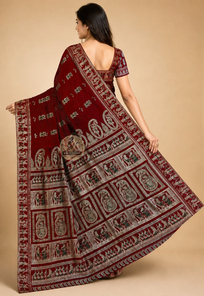 Rear view of handwoven Baluchari Silk Saree revealing intricate pallu with Mahabharata and Ramayana figures woven in pure Bengal silk