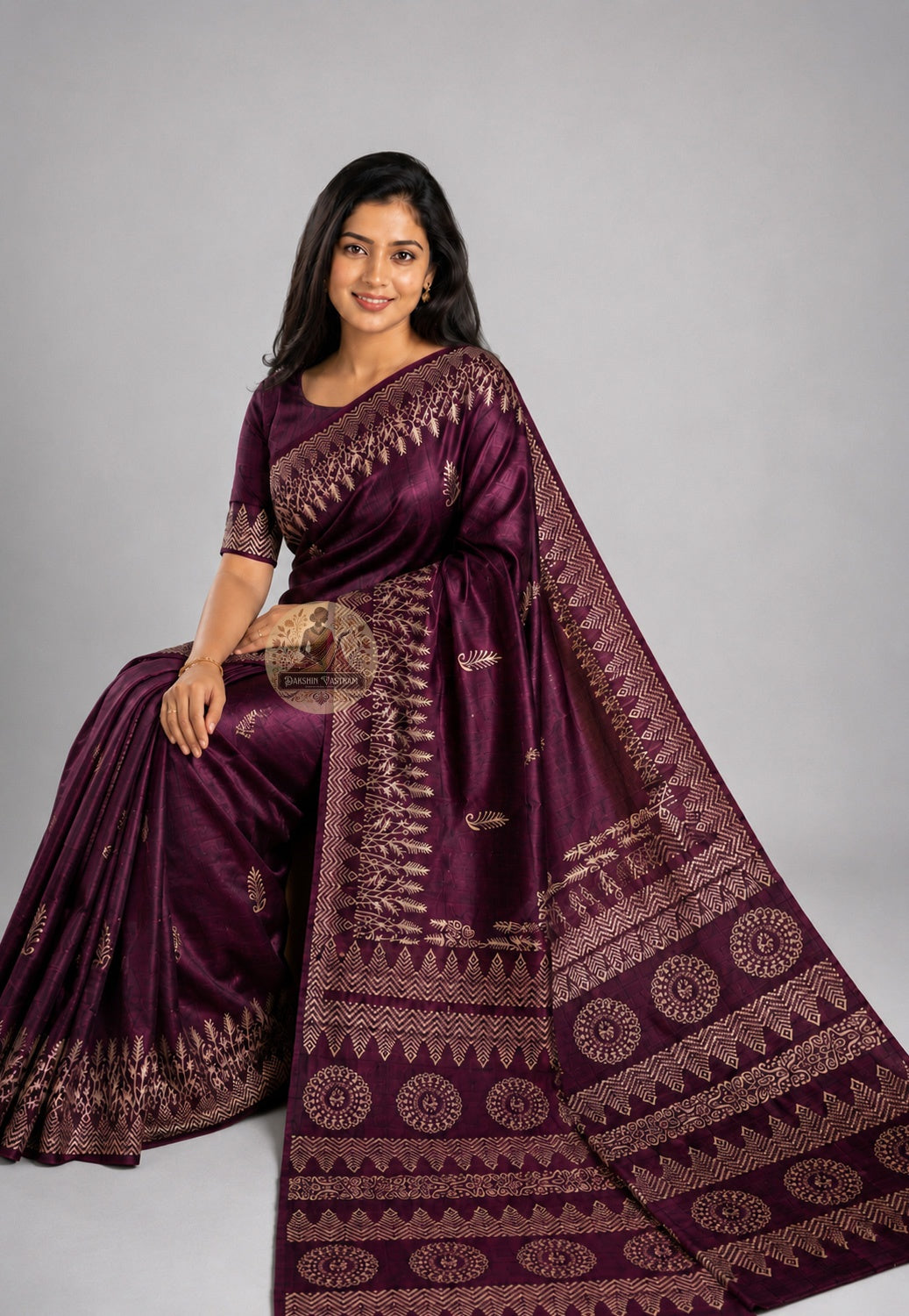 Side view of handwoven Bishnupur Katan Silk Saree showing the graceful sideward fall of pure silk fabric with finely woven border and rich texture