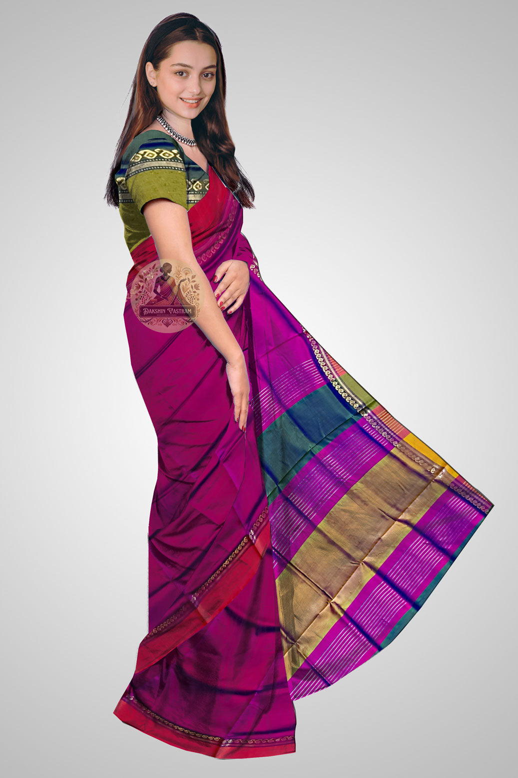 Shop Zari Border Silk Saree – Side view showing rich golden weave