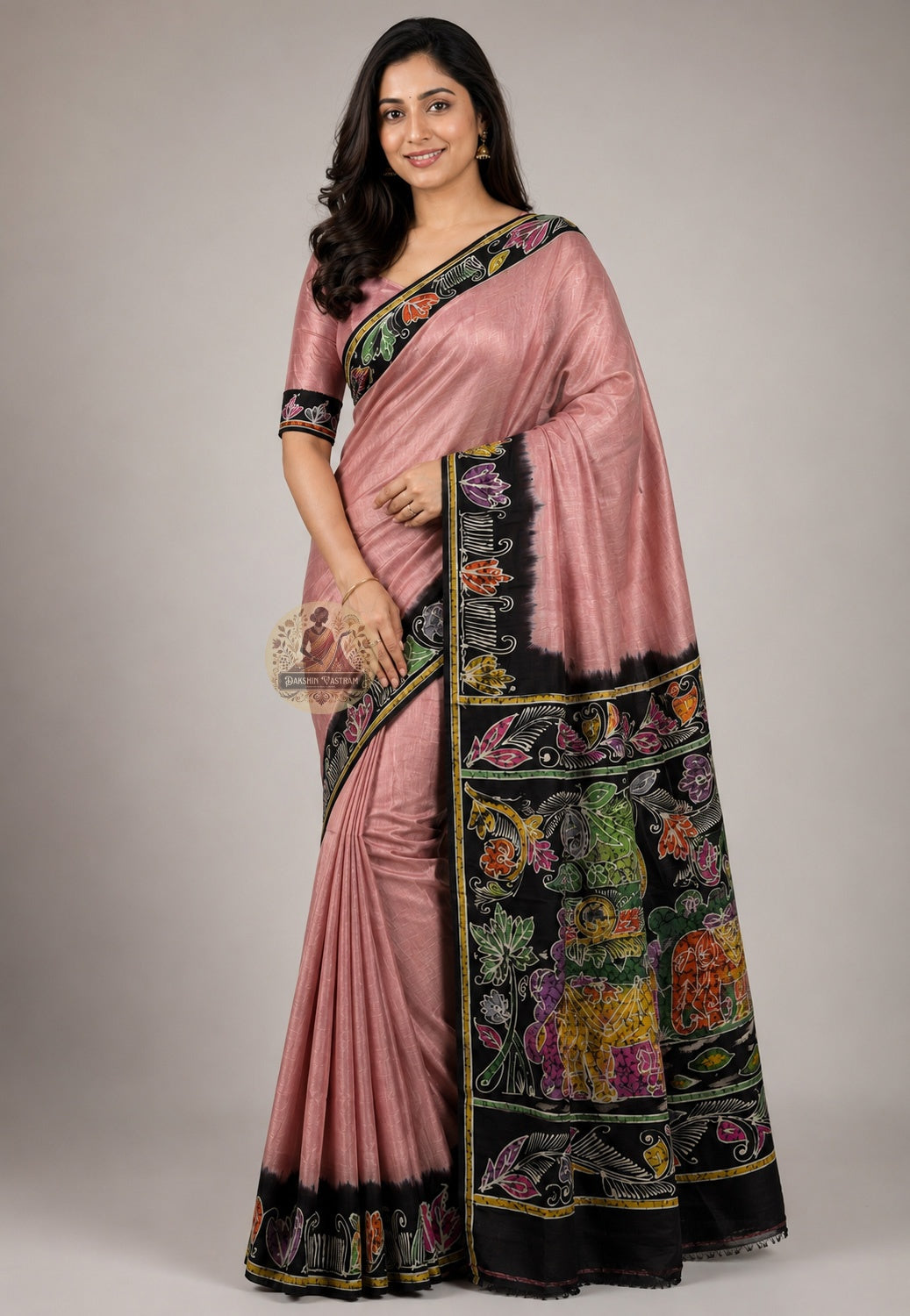 Side view of handwoven Bishnupur Katan Silk saree showing pallu fall and traditional woven motifs