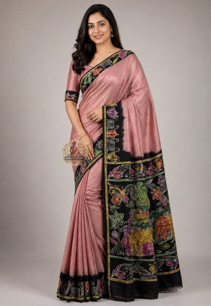Side view of handwoven Bishnupur Katan Silk saree showing pallu fall and traditional woven motifs