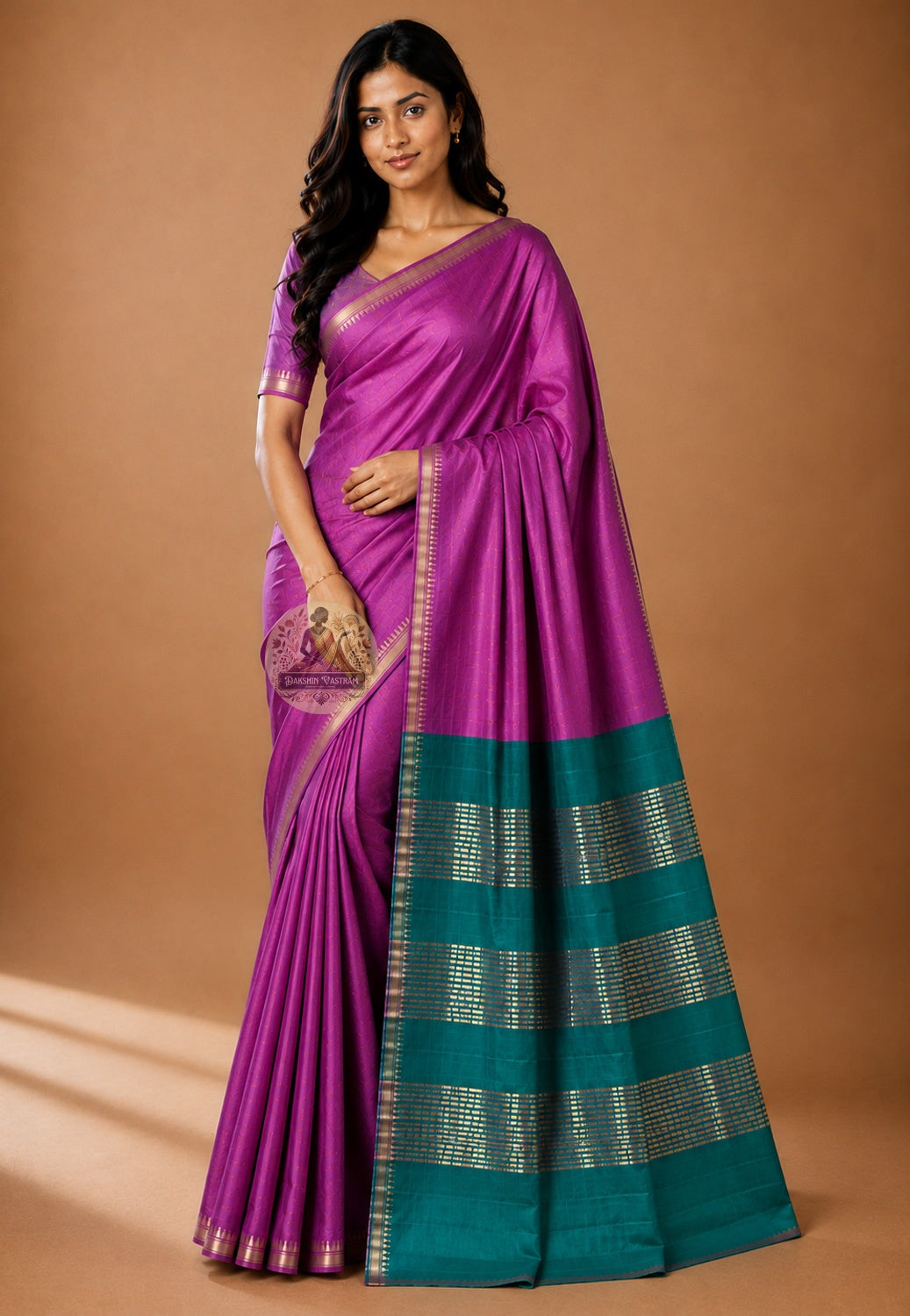 Front view of woman wearing Bishnupur Katan Silk Saree with brocade blouse, Navratri festive occasion India