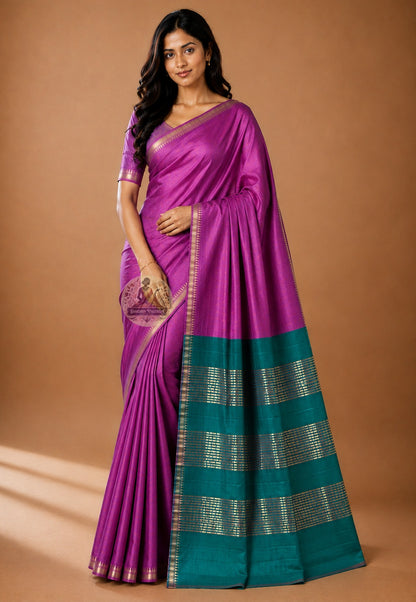 Front view of woman wearing Bishnupur Katan Silk Saree with brocade blouse, Navratri festive occasion India