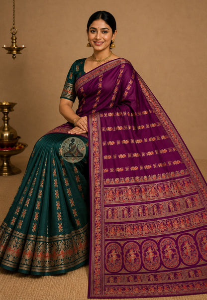 Front view of Swarnachari handloom silk saree with golden zari art border and woven mythological motifs, Bengal pit-loom craft tradition
