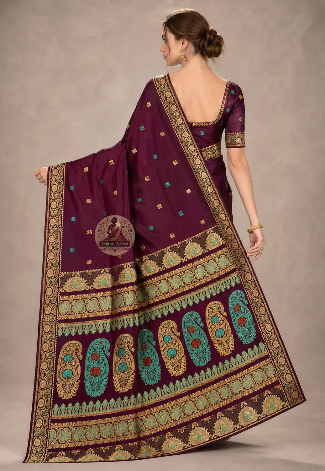 Front view of woman in Swarnachari pure silk saree, traditional Bengali drape with golden zari pallu carrying Bengal's craft dialogue over left shoulder, gold speaking before the wearer does