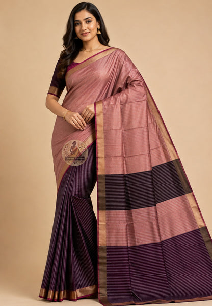 Front view of Bishnupur Pure Katan Silk Saree in handloom weave, West Bengal, India