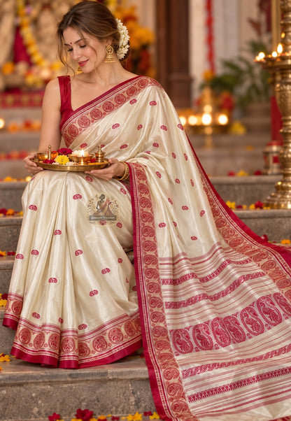 Front view of Bishnupur Garad silk heirloom saree showing natural undyed ivory silk drape and traditional Bengal woven border for Bengali weddings