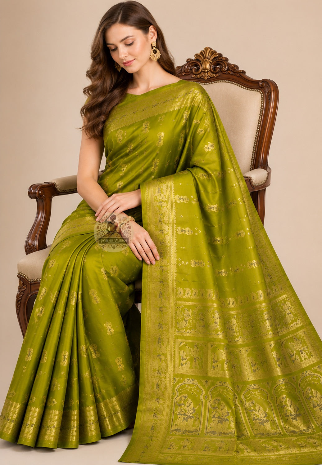 Front view of woman wearing Swarnachari Silk Saree with ivory silk blouse Durga Puja Saptami pandal opening night Kolkata