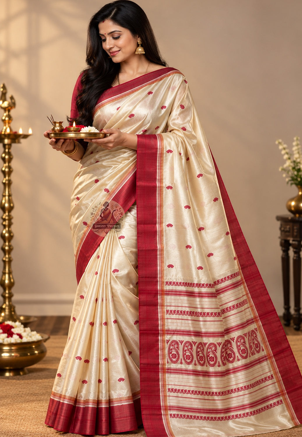 Front view of Bishnupur Garad silk saree showing natural undyed ivory drape and traditional Bengal border motifs for Durga Puja Ashtami