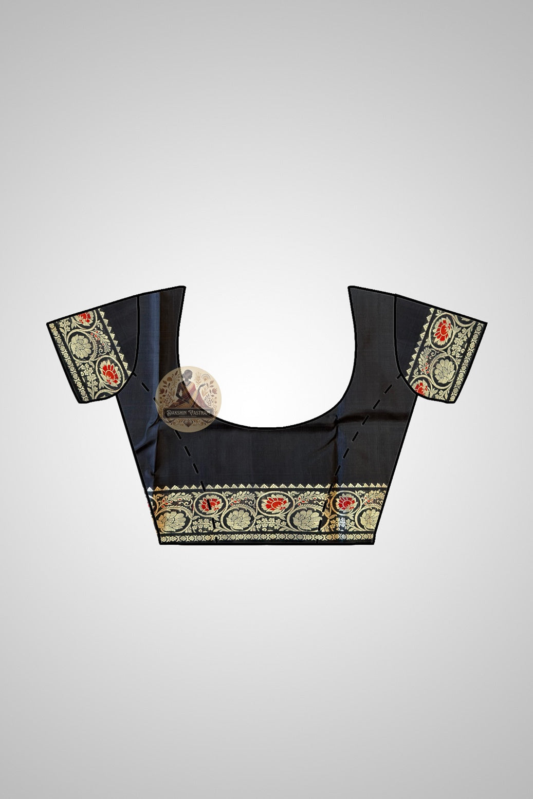 Close-up of running blouse fabric from Baluchari Pure Silk Saree set, featuring coordinating handwoven pure silk with complementary traditional Baluchari motif border detail
