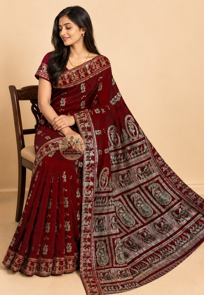 Side view of Baluchari Silk Saree displaying fluid pure silk drape and hand-woven border detailing, ideal for weddings and Durga Puja celebrations