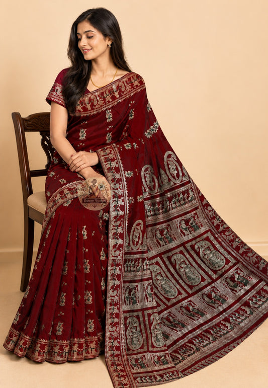 Side view of Baluchari Silk Saree displaying fluid pure silk drape and hand-woven border detailing, ideal for weddings and Durga Puja celebrations