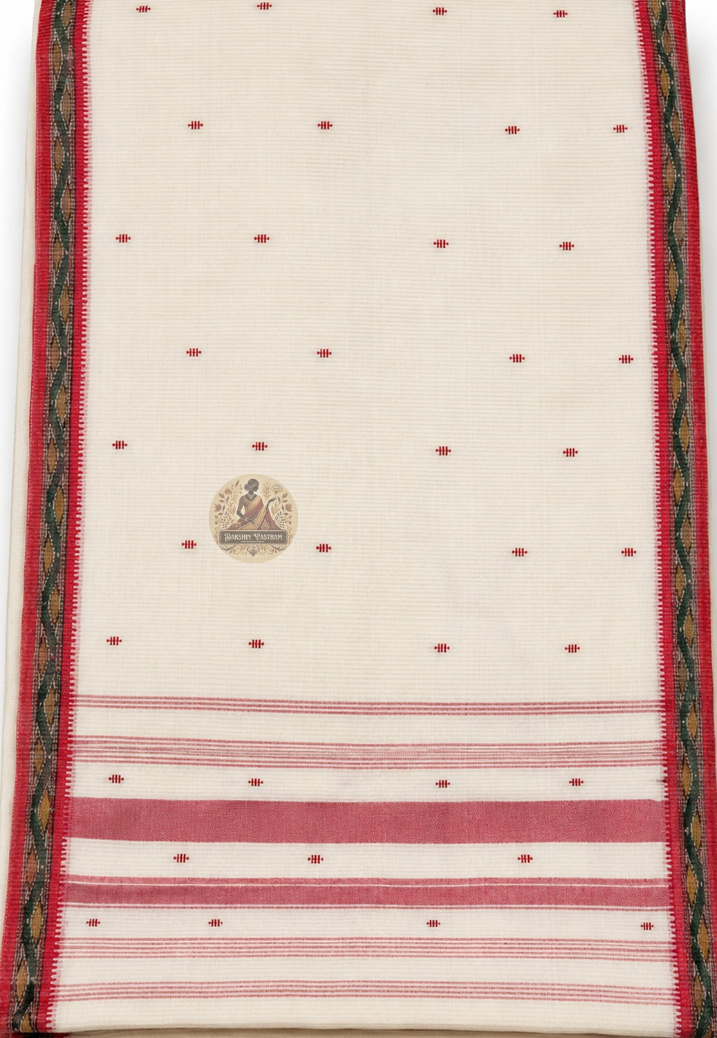 Close-up of handwoven weave texture on pure cotton saree from West Bengal artisan loom