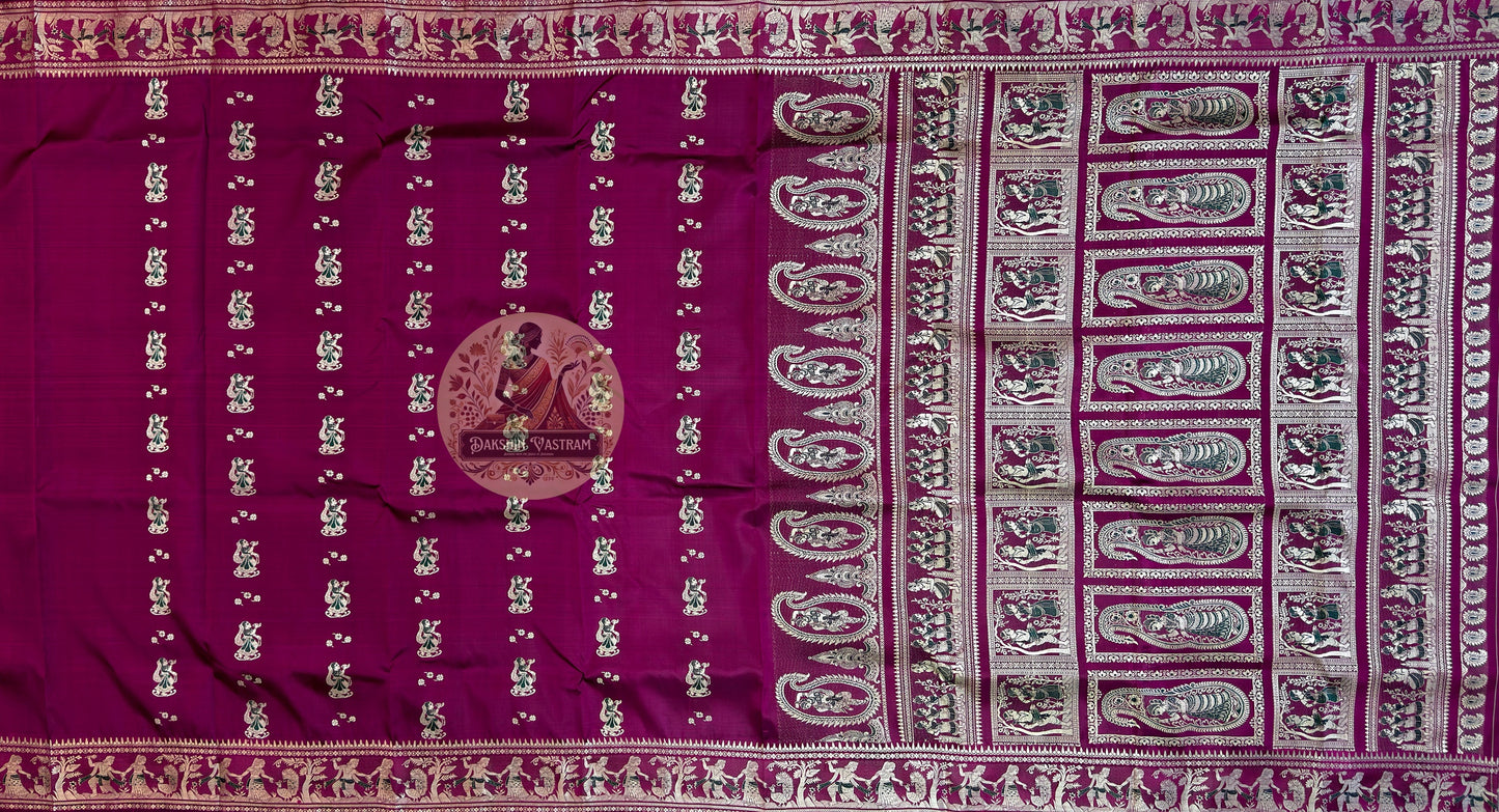 Bishnupur handloom Baluchari saree texture detail on pure mulberry silk