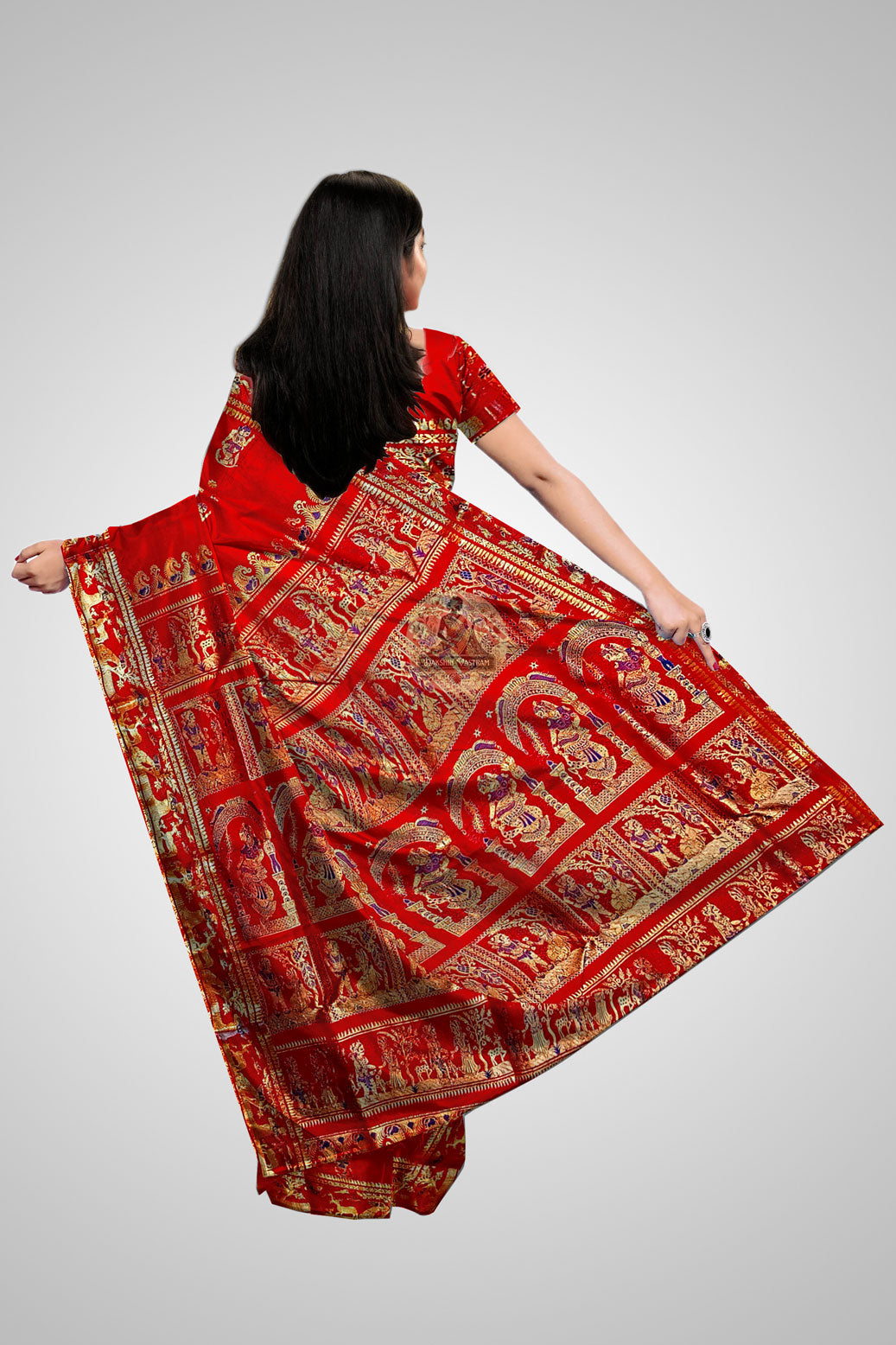 Buy Bengal Swarnachari Saree – Rear view showcasing mythological pallu art