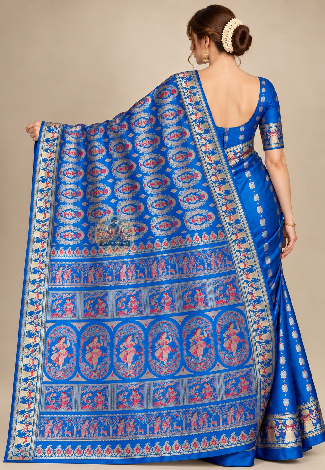 Front view of blue Swarnachari silk saree showing bright blue pure silk body with golden zari Malla court and Bishnupur terracotta temple motifs woven in Bengali handloom tradition