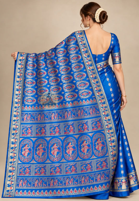 Front view of blue Swarnachari silk saree showing bright blue pure silk body with golden zari Malla court and Bishnupur terracotta temple motifs woven in Bengali handloom tradition