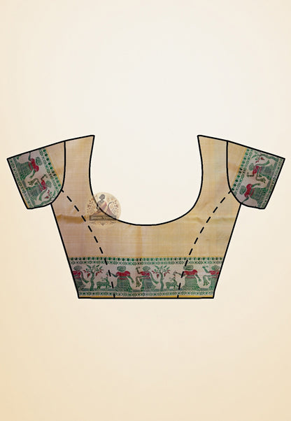  Close-up of blouse piece of Beige Baluchari Silk Saree featuring traditional hand-woven border detailing in warm beige pure silk from Bishnupur Bengal by Dakshin Vastram