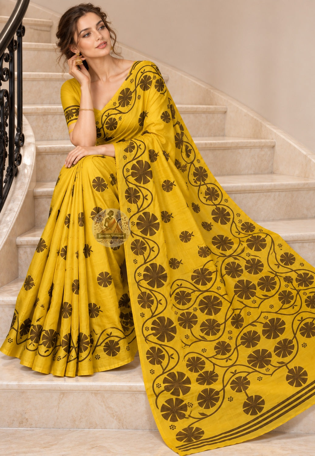 Front view of Bishnupur silk saree showing Bengal temple motif weave and pure silk fabric texture