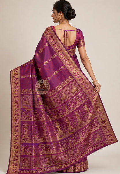 Front view of woman wearing Baluchari Silk Saree with antique gold jewellery, Durga Puja festive occasion