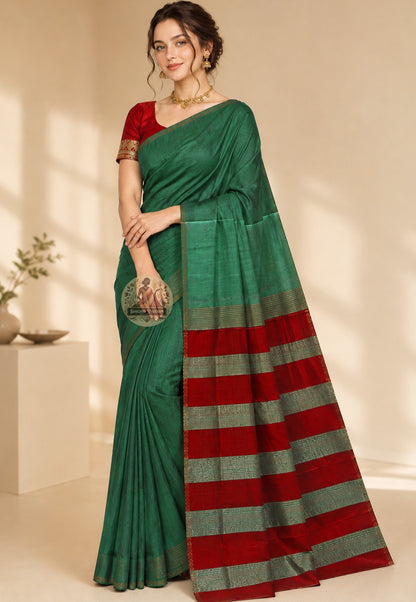 Bishnupur Pure Katan Silk Saree in rich jewel tone, handwoven on traditional pit loom in Bishnupur, West Bengal, draped on an Indian woman