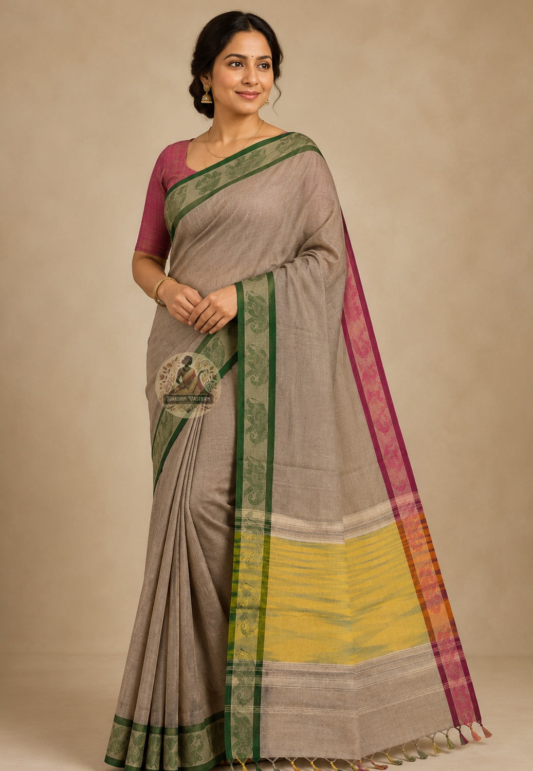 Front view of West Bengal handloom cotton saree draped in classic Nivi style for everyday wear