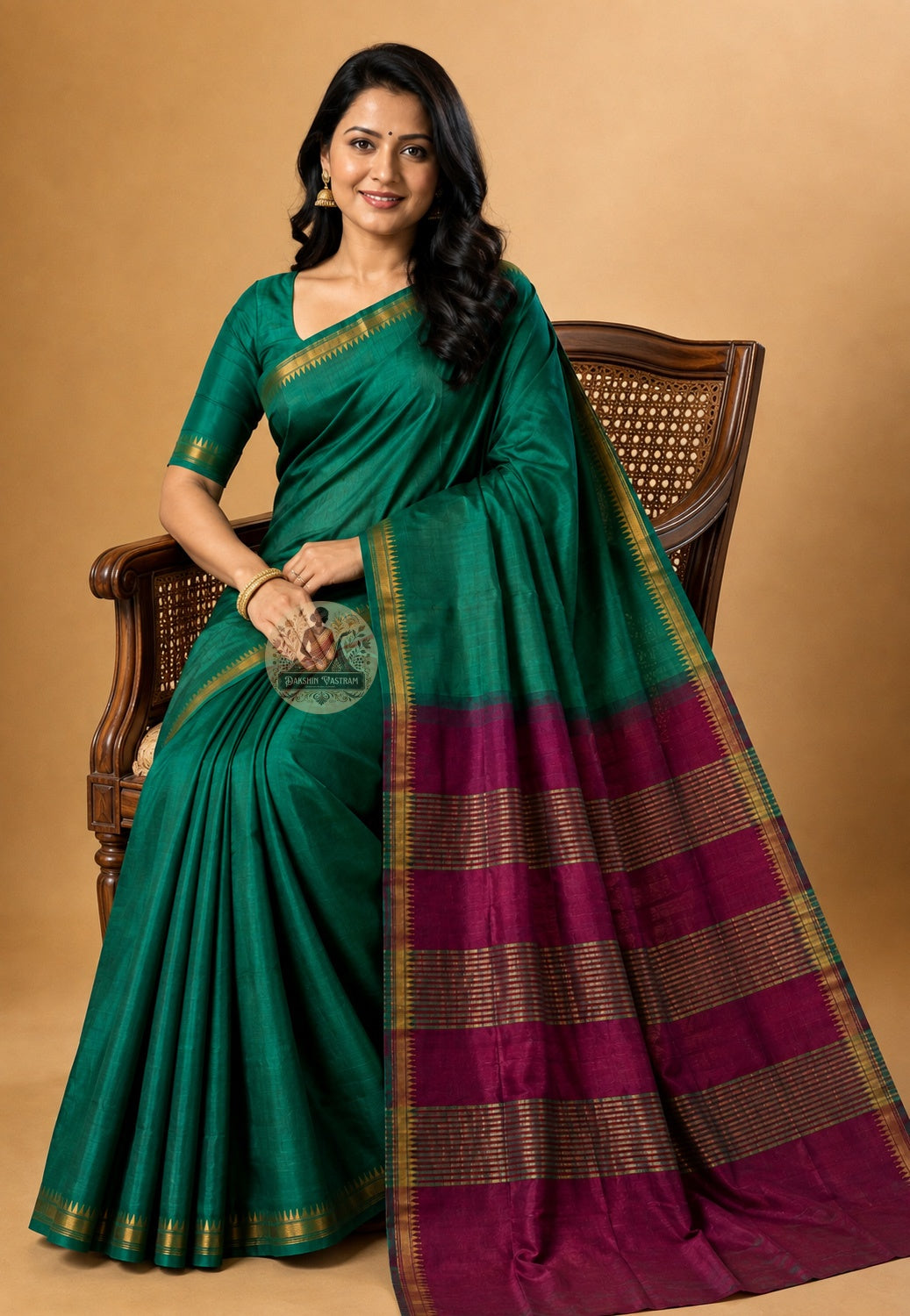 Front view of woman wearing Bishnupur Katan Silk Saree with silk blouse, Durga Puja temple puja occasion