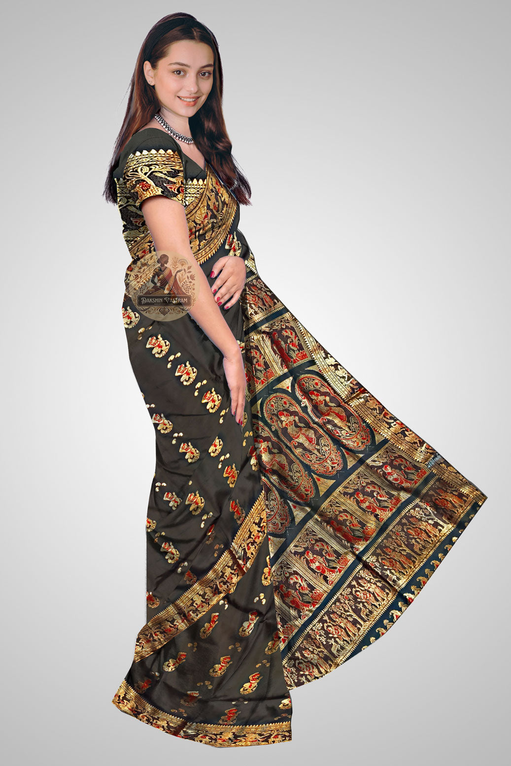 Shop Swarnachari Saree online – Side profile showing zari motif drape