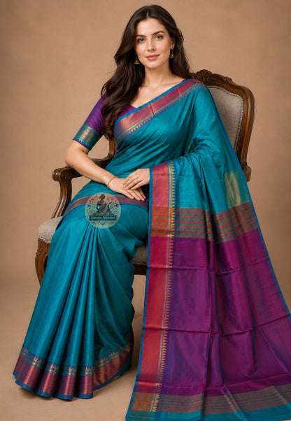 Front view of woman draped in Bishnupur Katan Silk Saree with antique gold jewellery, festive wear
