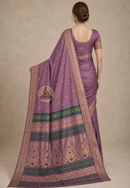 Front view of woman in Swarnachari pure silk saree, traditional Bengali drape with golden zari pallu declaring Bengal's identity in full over left shoulder, six yards of soul stated clearly