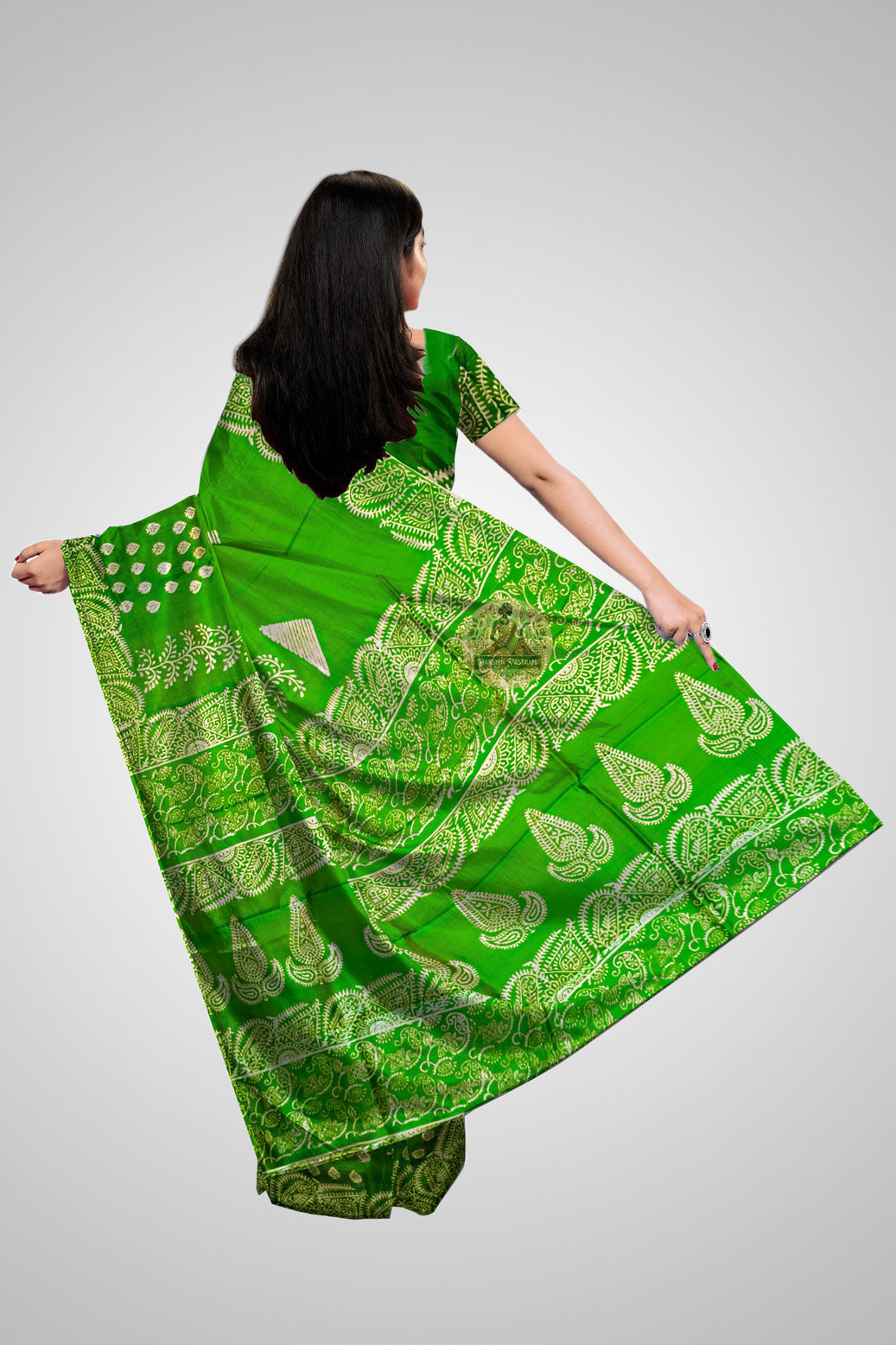 Buy Pure Katan Sarees – Rear view showcasing rich pallu detailing
