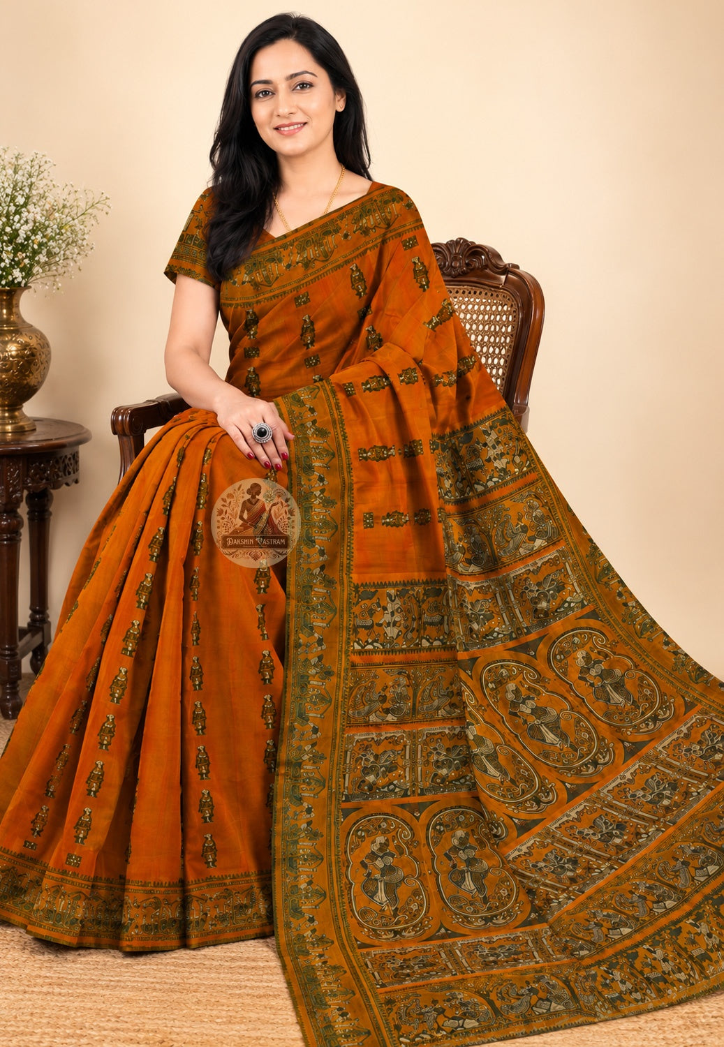 Baluchari silk saree in mustard gold draped gracefully, highlighting the pleats, border detailing and natural silk sheen