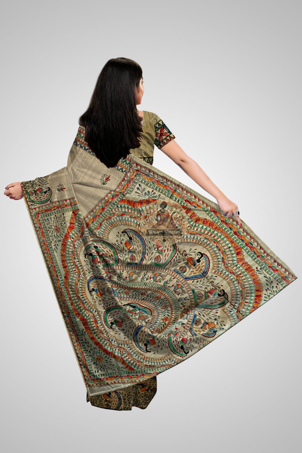 Buy Organic Tussar Saree – Rear pallu view with handwoven motifs