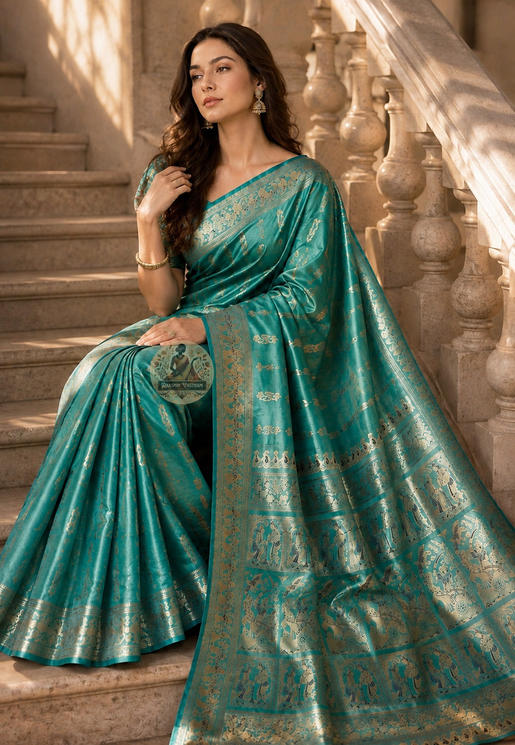 Front view of woman wearing teal green Swarnachari Silk Saree with ivory silk blouse Durga Puja Saptami morning Bishnupur West Bengal