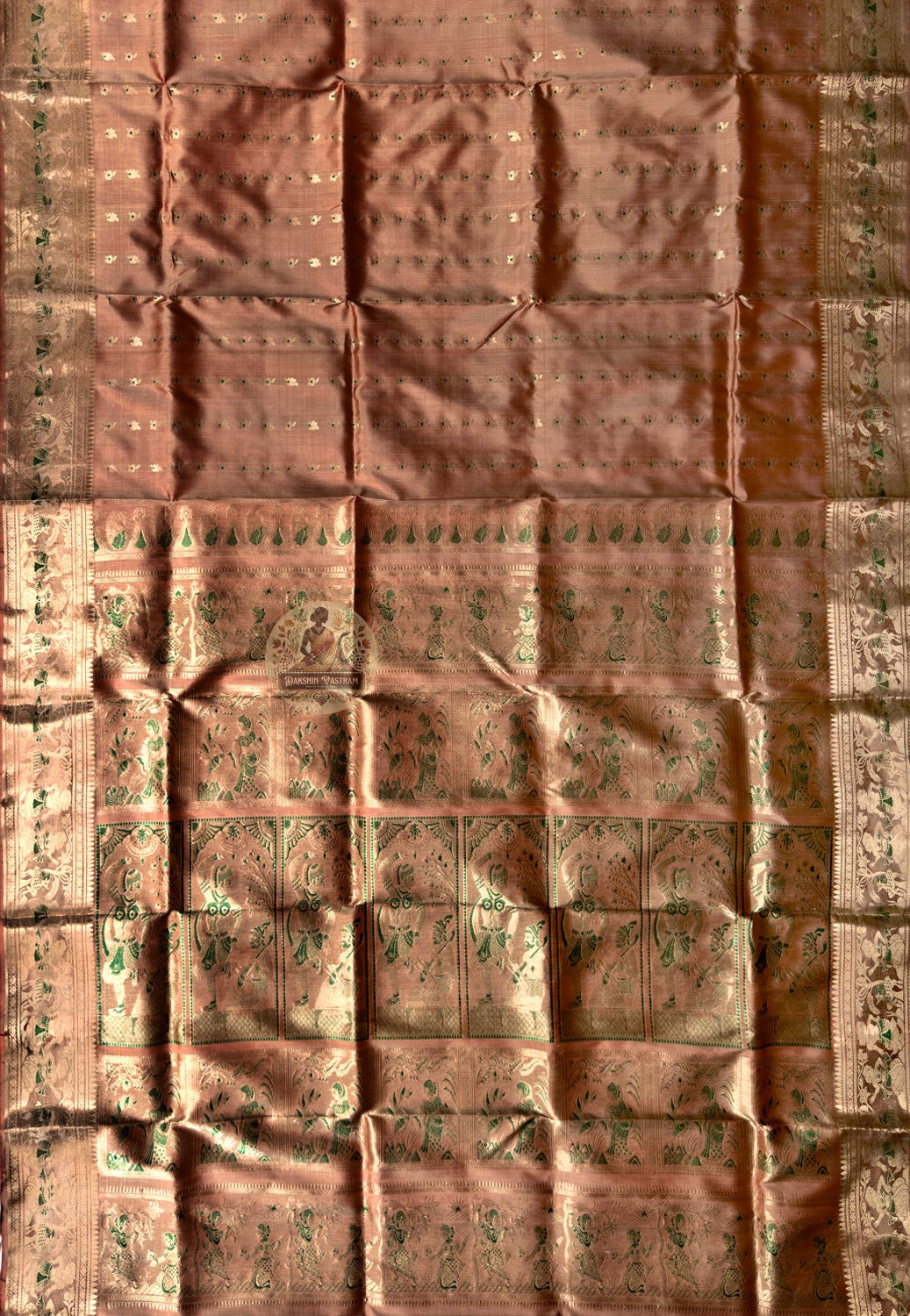 Side view of Swarnachari handloom silk saree showing golden zari identity border and warm pure silk drape expressing Bengal's craft heritage, West Bengal weave