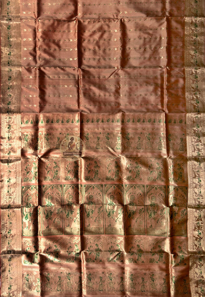 Side view of Swarnachari handloom silk saree showing golden zari identity border and warm pure silk drape expressing Bengal's craft heritage, West Bengal weave
