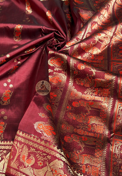 Full flat-lay of deep wine Swarnachari Pure Katan Silk Saree with matching blouse piece golden zari Ramayana Shakuntala Bishnupur Bengal