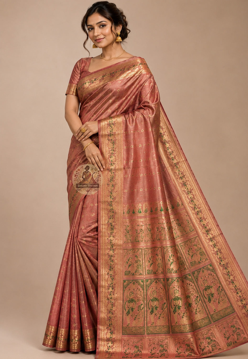 Front view of Swarnachari handloom silk saree with golden zari border expressing Bengal's visual identity through mythological and temple-art motifs, West Bengal pit-loom