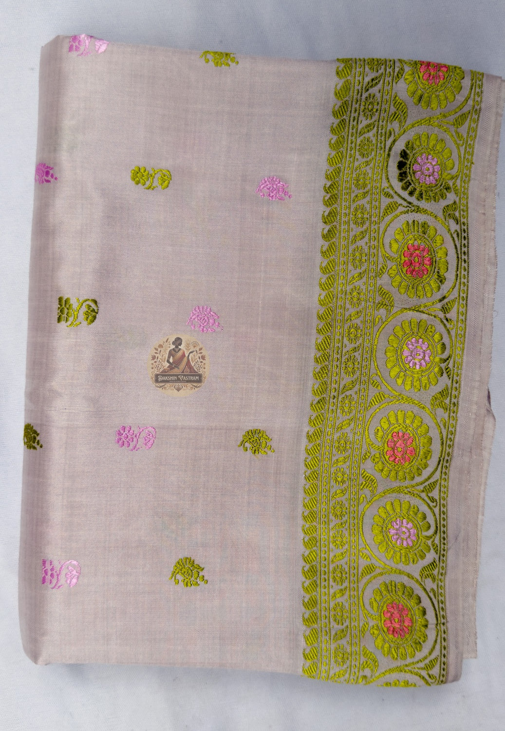 Full flat-lay of Baluchari Pure Silk Saree with matching blouse piece Mahabharata war council collector narrative Bengal