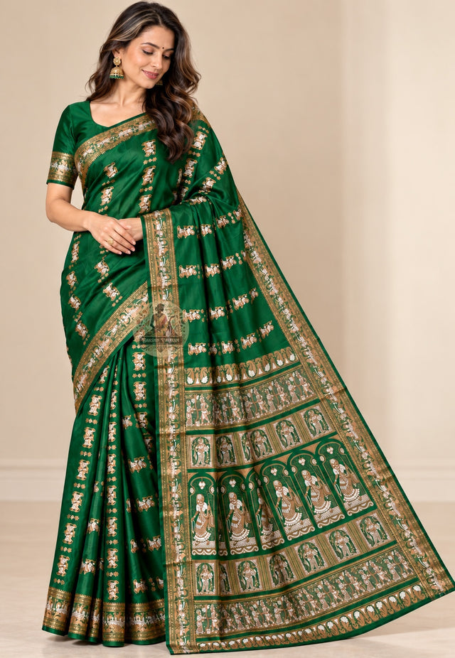 Front view of Swarnachari pure silk saree with golden zari mythology and Bishnupur temple art motifs handloom woven in West Bengal for Indian weddings Durga Puja and Diwali